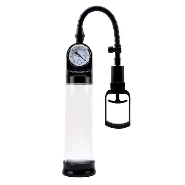 Masturbator Accu-Meter Power Pump x2 with transparent body and precision gauge for real-time size monitoring in a two-unit set.