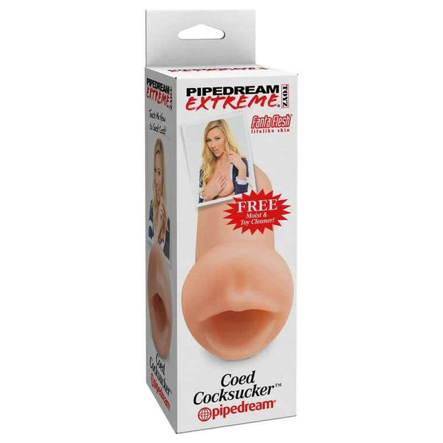Masturbator Coed Cocksucker packaging showcasing intimate sleeve with lifelike FantaFlesh texture for realistic solo play sessions.