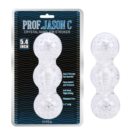 Packaging and product view of Masturbator Crystal Hand Job, a crystal-inspired hand job stroker with enhanced internal texture, 14.7 cm long.