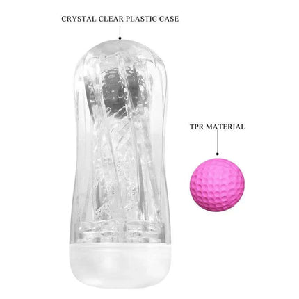 Masturbator Cup with Magic Ball featuring crystal clear plastic case and TPR material, designed for varied tactile stimulation.