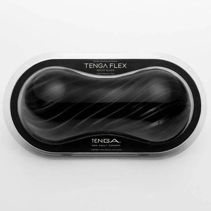 Masturbator Flex Black in packaging, showcasing compact design and spiral textures for enhanced pleasure and targeted stimulation.