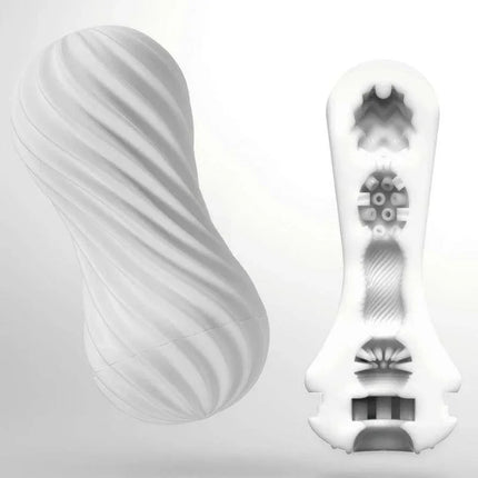 Masturbator Flex White with spiral textures for personal pleasure and intense stimulation, exterior and interior views shown.