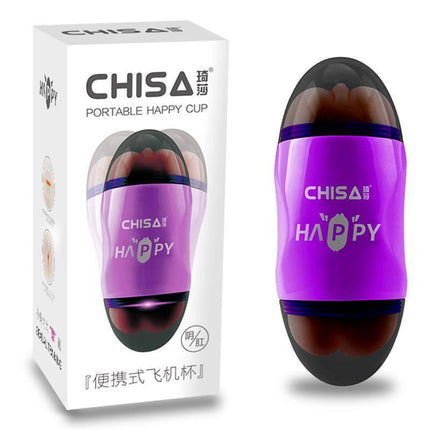 Masturbator Happy Cup Pussy and Ass T-Skin dual-sided pleasure device with packaging, featuring distinct vagina and anus textures.