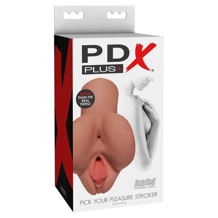 Masturbator Pick Your Pleasure Caramel Skin packaging featuring dual-hole design for lifelike sensations