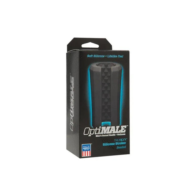 OptiMALE silicone stroker packaging with black design and blue accents