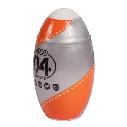 Masturbator Rainbow Orange discreet pleasure toy with flexible TPR sleeve, size 11cm x 6.5cm, in vibrant orange and gray design.