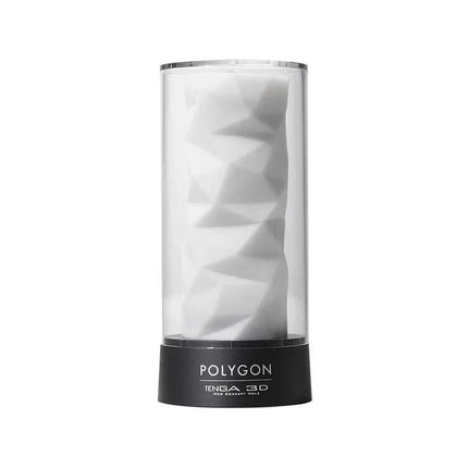 Masturbator Tenga 3D Polygon in clear packaging showcasing triangular facets and turn-inside-out design for easy cleaning.