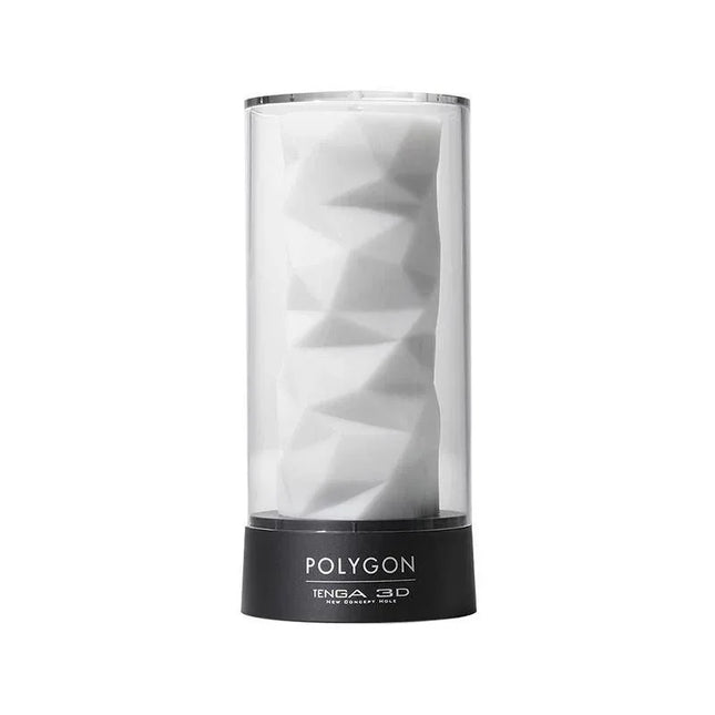 Masturbator Tenga 3D Polygon in clear packaging showcasing triangular facets and turn-inside-out design for easy cleaning.