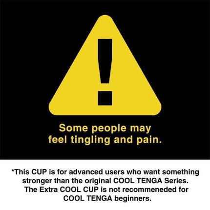 Warning sign for Masturbator Tenga Original Vacuum Cup Extra Cool cautioning advanced users about tingling and pain risks.