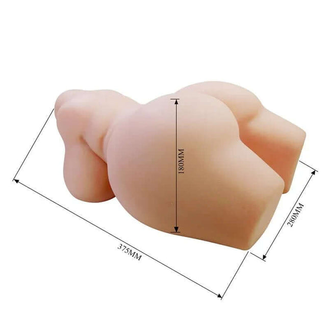 Masturbator Vagina and Ass 7.5 kg realistic dual-opening TPR stimulator with dimensions and weight details.