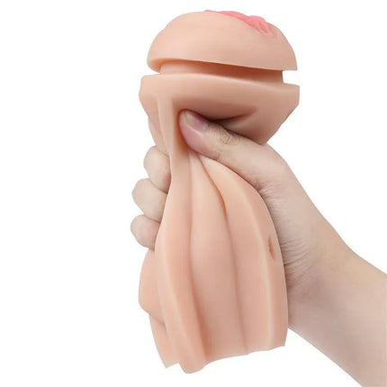 Hand holding Masturbator Vagina Ella Intelligent Interaction with textured sleeve, designed for realistic solo play.