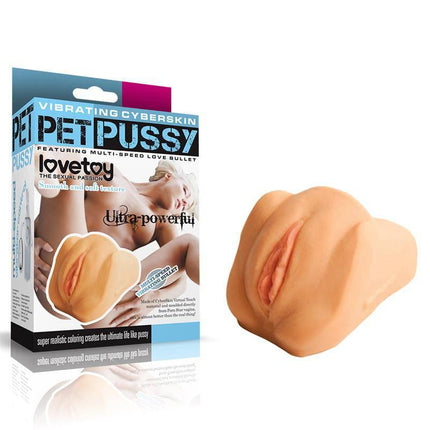 Masturbator Vagina with Vibration showing realistic texture and packaging with wired controller, ideal for customizable pleasure.
