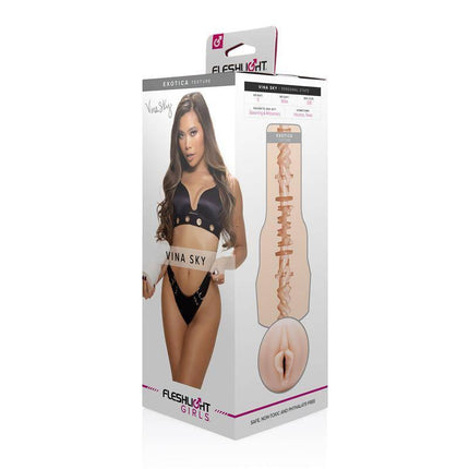Masturbator Vina Sky Exotica Vagina packaging showcasing realistic design and lifelike sensation from Fleshlight Girls Signature Sensations.