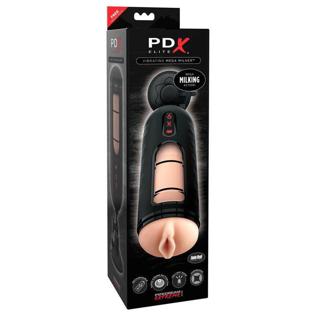 PDX Elite Masturbator with Vibration Mega Milker packaging, featuring advanced hands-free design for immersive and customizable pleasure.
