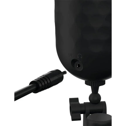 Close-up of the Masturbator with Vibration Mega Milker showing connection port and adjustable stand for hands-free use.