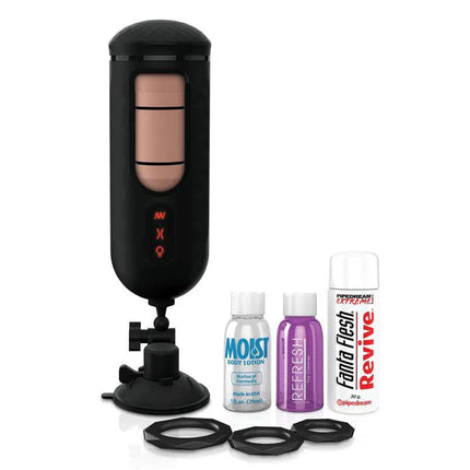 Masturbator with Vibration Mega Milker featuring accessories and FantaFlesh inner sleeve for realistic feel.