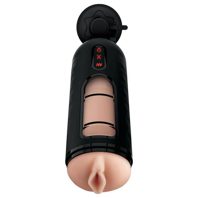 Masturbator with Vibration Mega Milker featuring realistic inner sleeve and transparent front for immersive stimulation from PDX Elite.