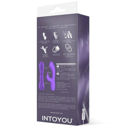 Packaging of Mauve Mauve Liquefied Silicone Unibody Vibe USB Purple showcasing features and design of purple vibrator.