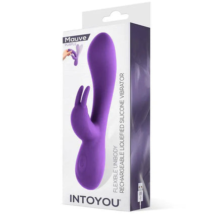 Mauve Mauve Liquefied Silicone Unibody Vibe USB Purple in packaging, highlighting flexible design and dual motors for enhanced pleasure.