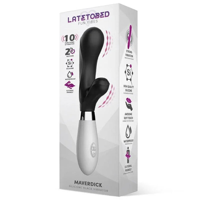 Maverdick Vibe Silicone Black premium vibrator in packaging with ergonomic design and enhanced clitoral stimulator for confident use.