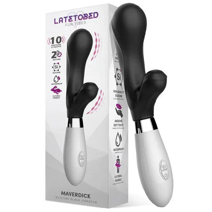 Maverdick Vibe Silicone Black premium vibrator with ergonomic handle and clitoral stimulator in packaging