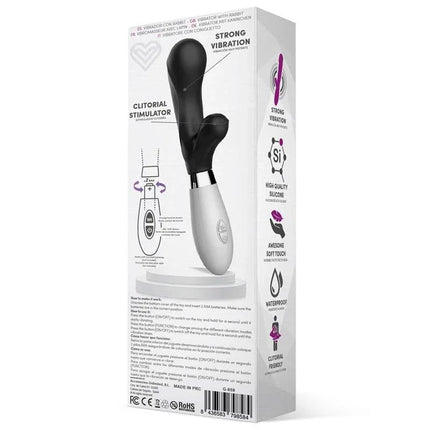 Maverdick Vibe Silicone Black premium vibrator with clitoral stimulator and ergonomic handle displayed on packaging.
