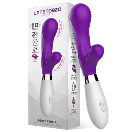 Maverdick Vibe Silicone Purple dual-motor vibrator with ergonomic handle and clitoral stimulator, designed for powerful dual stimulation.