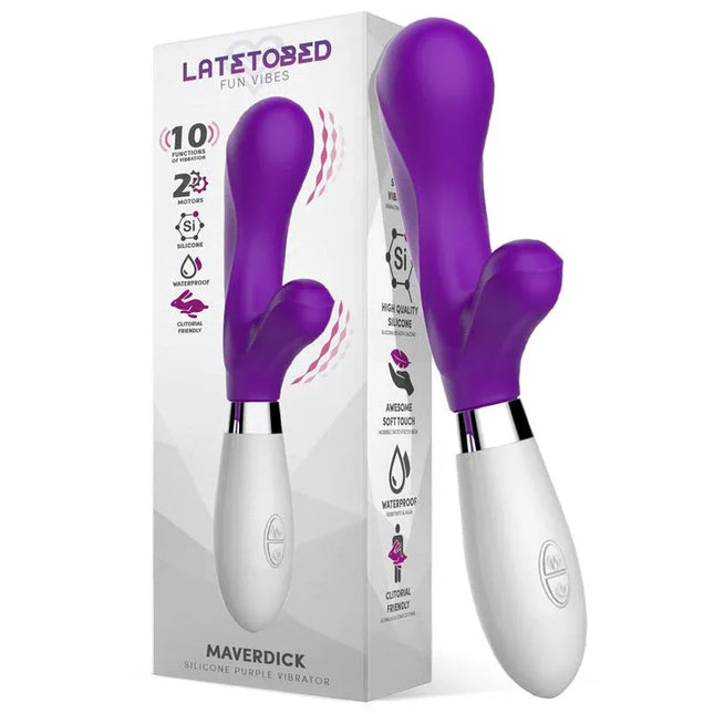 Maverdick Vibe Silicone Purple dual-motor vibrator with ergonomic handle and clitoral stimulator, designed for powerful dual stimulation.