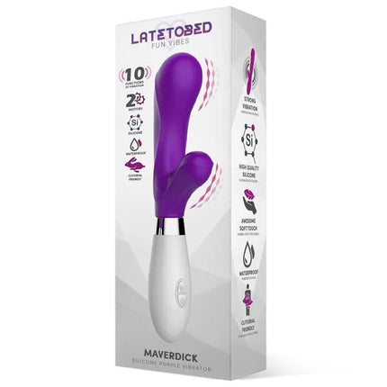 Maverdick Vibe Silicone Purple dual-motor vibrator with ergonomic handle and soft silicone body in retail packaging