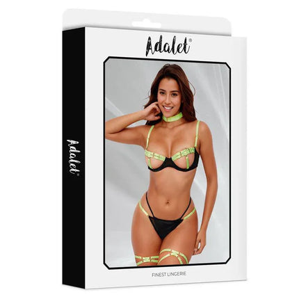 Adalet packaging displaying Maya bra, thong, garters, and choker Set Yellow and Black ensemble in vibrant colors