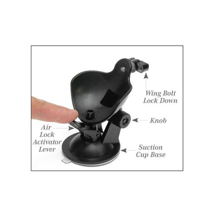 Mega-Bator Ass suction cup base with air lock, wing bolt, and knob for hands-free use.