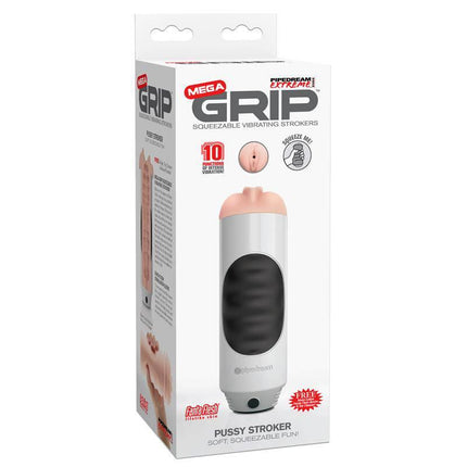 Packaging of Mega Grip Vibrating Stroke Pussy with 10-speed pulsation and squeezable design for ultra-realistic solo play.