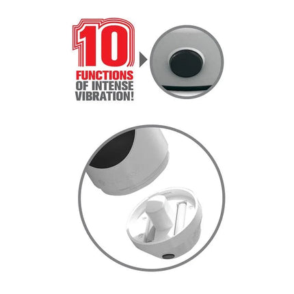 Close-up of Mega Grip Vibrating Stroke Pussy showing 10 vibration functions and control button.