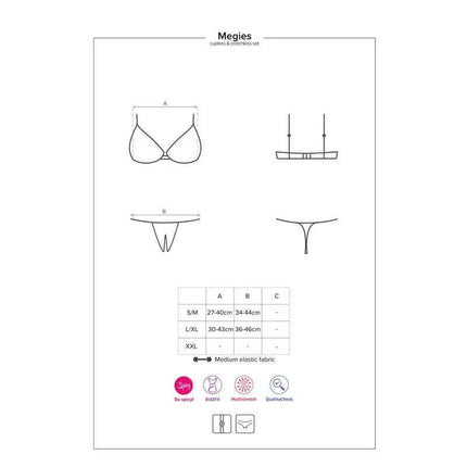 Size chart and design details for Megies 2 pcs Set lingerie with crossed straps and lace in red and black tones.