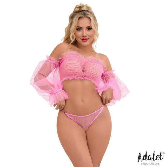 Melanie Bra and Thong in bubblegum pink with semi-sheer, smocked fabric top and silk puff sleeves.