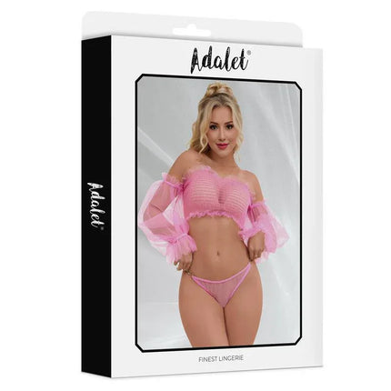 Melanie Bra and Thong set in bubblegum pink with semi-sheer smocked top and silk puff sleeves, showcasing bold femininity by Adalet.