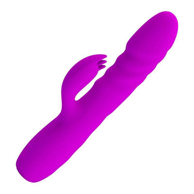 Melanie Vibe Thrusting Rabbit Vibrator with Rotation in vibrant purple, showcasing premium silicone design and dual stimulation features.
