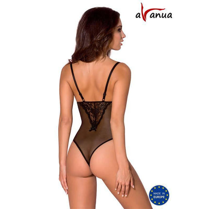 Back view of model wearing MELEK Body Negro, sexy black transparent lingerie with lace details, highlighting curves.