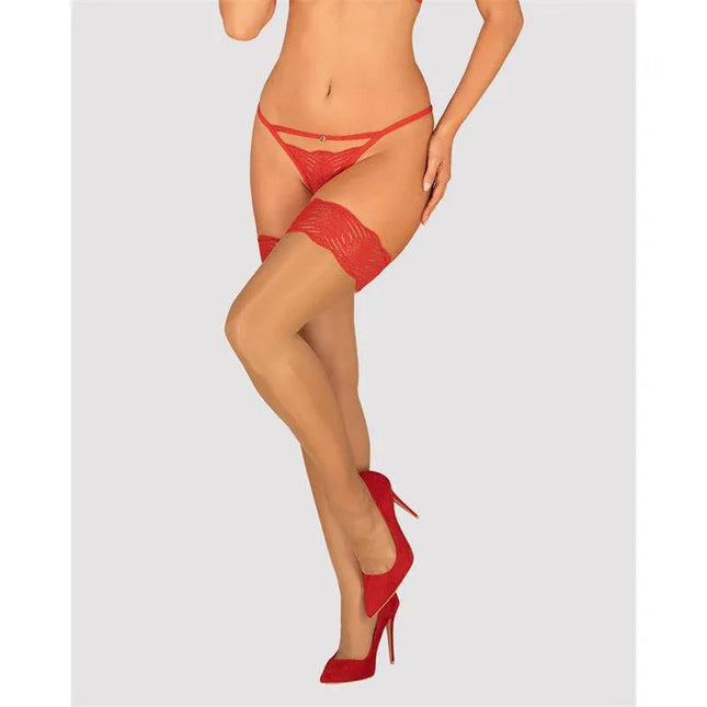 Mellania Stockings in sheer, transparent style shown with red lingerie and heels, adding elegance and sensuality to any outfit.