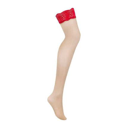Mellania Stockings featuring sheer material with elegant red lace top, perfect for adding sophistication and sensuality to any outfit.