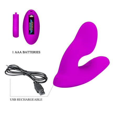 Purple Melvin Vibrating But Plug with Remote, featuring dual motors, USB rechargeable design, and AAA battery powered control.