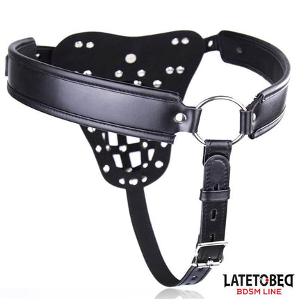 mens adjustable chastity pants with cage black leather BDSM belt with metal studs and straps from Latetobed Bdsm Line