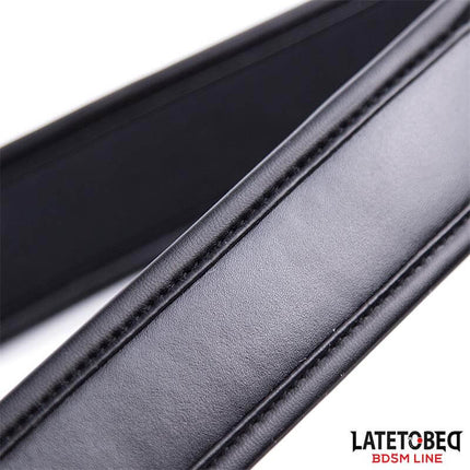 mens adjustable chastity pants with cage close-up black Latetobed BDSM faux leather waistband detail