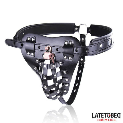 mens adjustable chastity pants with cage black leather belt with front lock Latetobed BDSM Line