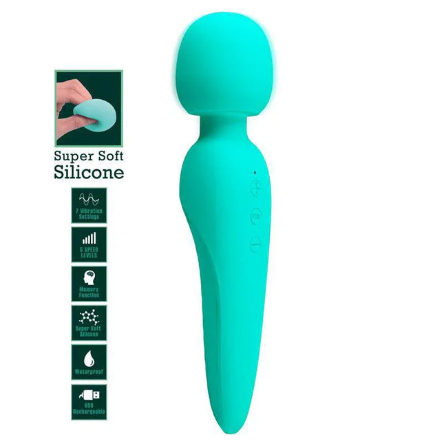 Meredith Massager Wand Green with soft silicone and 5 speed, 7 vibration settings for customized relief.
