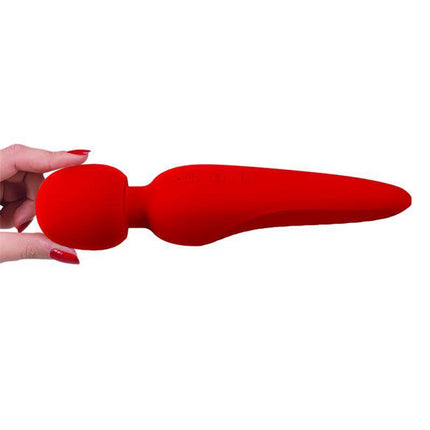 Hand holding the Meredith Massager Wand Red, a compact cordless massage wand, ideal for targeted muscle relief, made with premium silicone.