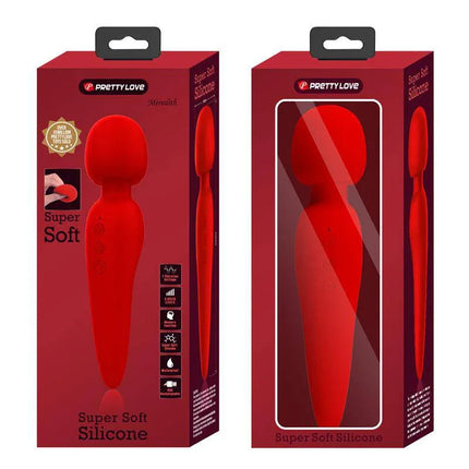 Meredith Massager Wand Red packaging featuring cordless, high-torque motor design with luxurious red silicone finish.