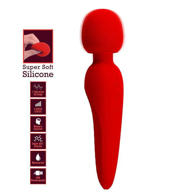Meredith Massager Wand Red with premium silicone, high-torque motor, 5 speeds, and waterproof design for muscle relief.