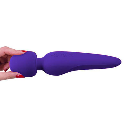 Hand holding the Meredith Massager Wand Violet, a premium handheld massager for deep relief and relaxation with multiple vibration settings.