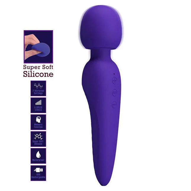 Meredith Massager Wand Violet with soft silicone and customizable vibration settings for enhanced relaxation.